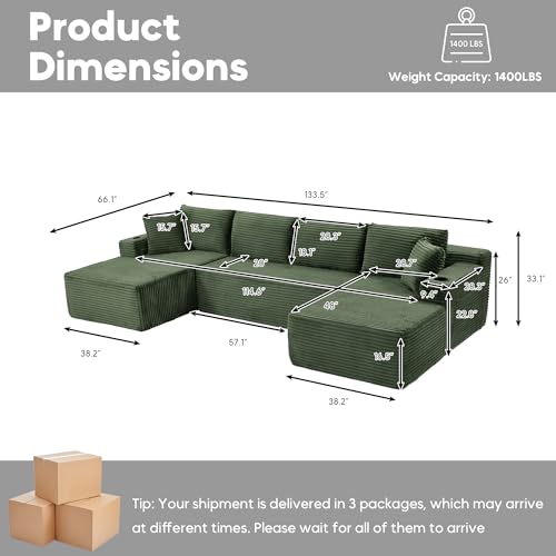 Image of Oversized Cloud Boneless Couch with Chaise, Modern Modular Sofa with Deep Seat, Corduroy Upholstered U Shaped Couch for Living Room, No Assembly Required (Green)