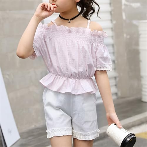 BILIKEYU Girls Summer Clothes Off Shoulder Spaghetti Straps Tops and Elastic Waist Ruffle Shorts for Kids 8 to2