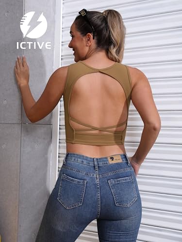 Fihapyli ICTIVE Women's Sleeveless Backless Tank Top Criss Cross Back Slim Fit Workout Yoga Crop Casual Shirts Khaki L — view 3