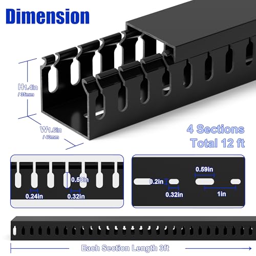 Image of 1.4 inchH x 1.6 inchW Cable Raceway, 12ft Under Desk Wire Management Channel, Black