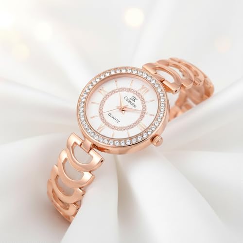 Image of IIK COLLECTION Watches for Women Round Studded Dial |Analogue Quartz Movemnet Ladies Watch|Long Battery Life|Stainless Steel Adjustable Bracelet Chain Strap|Double Lock Clasp Safety Watches for Girls