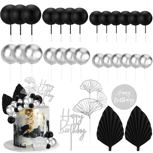 Decoration Gateau Anniversaire, 31 Pièces Décoration de Gâteau, Papier Éventail et Boules Décoratives, Cake Topper Happy Birthday pour Enfants Adultes...