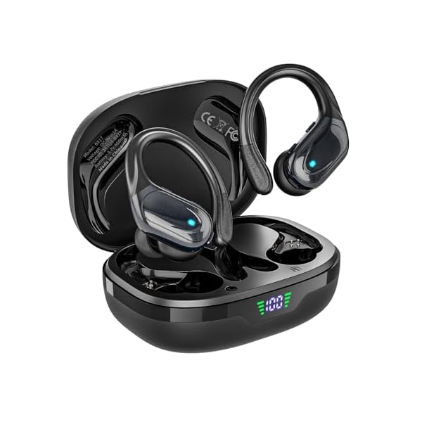 Wireless Earbuds Bluetooth Headphones 80hrs Playback Ear Buds Power Display with Noise Canceling Mic with Earhooks for Sports/Workout/Running, Black