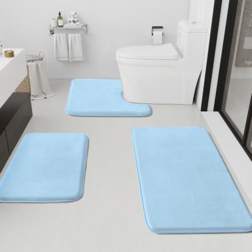 HUXMEYSON Bathroom Rugs Sets 3 Piece, Non-Slip & Quick Dry Bath Mat Set, Ultra Soft Velvet Bath Rugs for Bathroom, Toilet and Shower Floor, Light Blue
