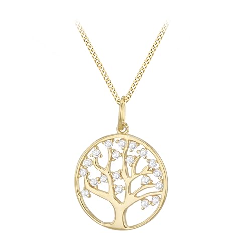 CARISSIMA Women's 9ct Yellow Gold CZ 'Tree of Life' Pendant with 9ct Yellow Gold 25 Diamond Cut Adjustable Curb Chain 41cm/16'-46cm/18'