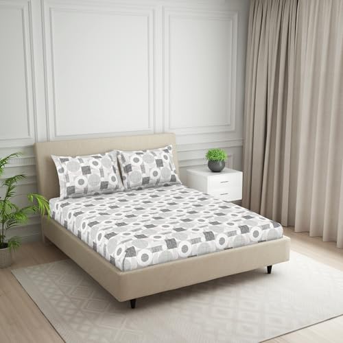 Image of Welspun Polycotton Large Bedsheets with 2 Pillow Covers Soft & Skin Safe Bed Sheets - Harmony | 120 Tc (Geometric-Silver)