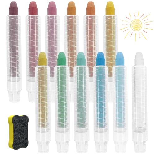 Sheryl&Rain Tafelkreide Bunt,12 Stück Kreide Straßenmalkreide mit 12 Extra Kreidehalter aus Kunststoff,Waschbare Staublos Malkreide,Kreide für Lehrer Büro