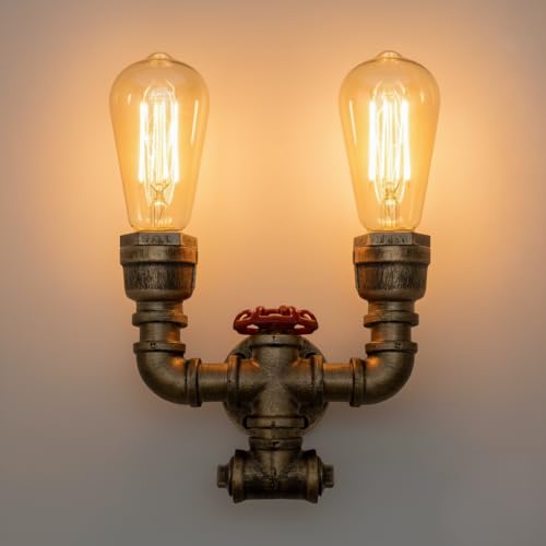 Image of Industrial Twin Pipe Wall Light Brushed Copper E27 Red Valve Wall Sconce