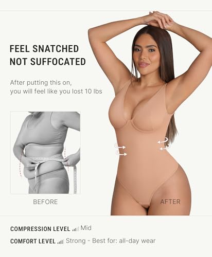 Image of FeelinGirl Shapewear Bodysuits for Women Tummy Control Body Suits Deep V Neck Thong Body Shaper