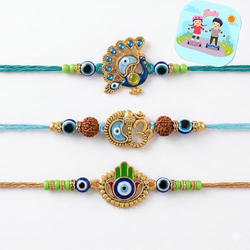 Image of Set of 3 Rakhi for Brother with Magnet Gift Raksha Bandhan Combo Set, Designer Evil Eye Ganesha Peacock Rakhi, Traditional Thread Set for Men Boys, Premium Festival Gift for Raksha Bandhan