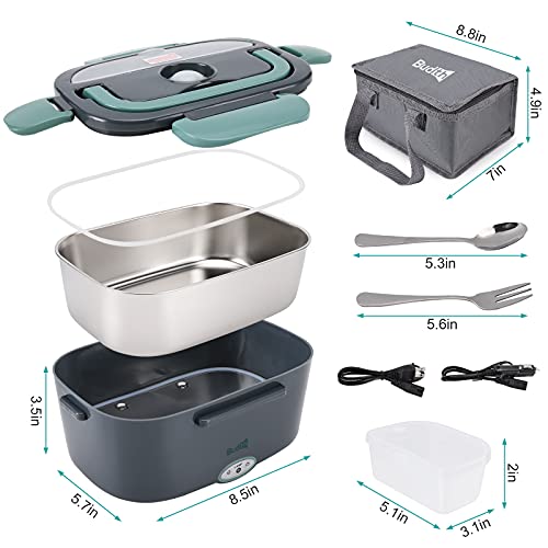 Budth 80W Electric Lunch Box, Portable Food Warmer For Car Truck Office Construction Site, 12V 24V 110-230V Adapter, Leak Proof, 304 Stainless Steel Container, Ss Fork & Spoon And Carry Bag (Green) #TOP1