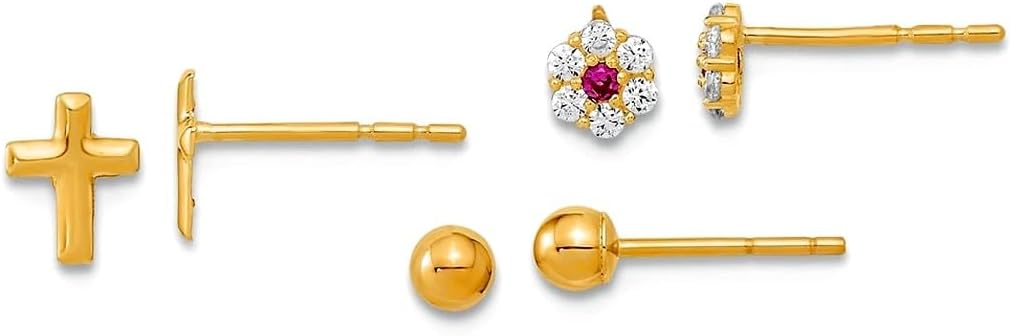 14k Gold Polished Set Of Ball Post Cubic Zirconia Flowers and Religious Faith Cross 3 Pair Earrings Set 6 Ball Earring for Women