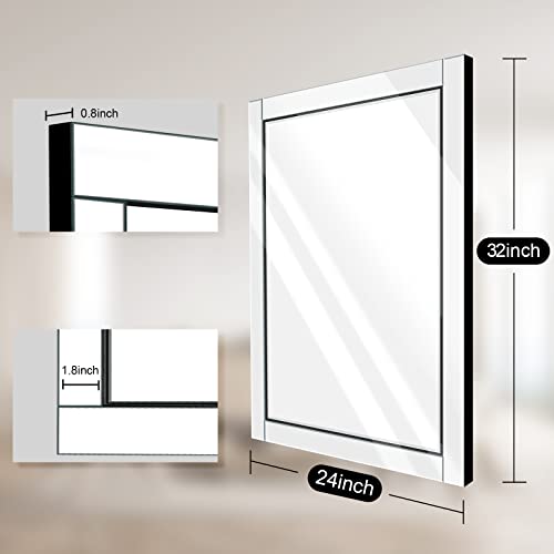 Image of Syndra 24x 32 Rectangular Mirror for Bathroom, Bathroom Mirrors for Over Sink, Wall Mounted Vanity Mirror with Tempered Glass, Rust-Resistant Solid Wood Frame for Bathroom, Bedroom, Living Room
