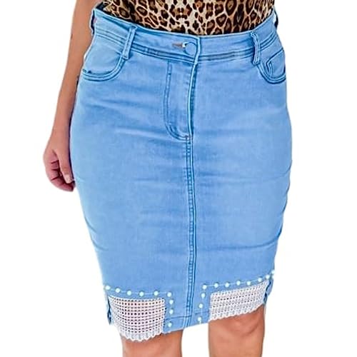 Saia Jeans moda evangélica secretária feminina c/Pérolas barra com renda luxo e Lycra cintura alta l