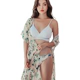 [RAVIR] 【ラヴィール】水着 レディース 体型カバー ビキニ 3点セット 女性用水着 リボン フリル ホワイト/花柄 Sサイズ