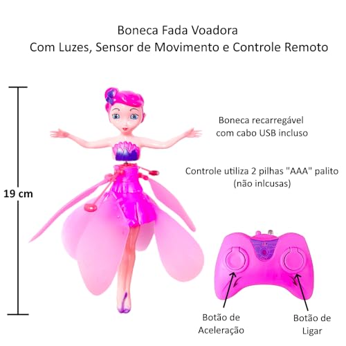 Boneca Fada Voa com Controle e Sensor Flying Fairy Recarregável Brinquedo Eletrônico para Meninas Fa