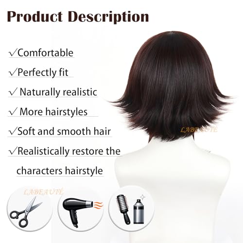 Image of LABEAUTE Brown Cosplay Wig Short Bob Heat Resistant Synthetic Costume Wig Pre-Styled Costume Hair for Halloween Party Convention