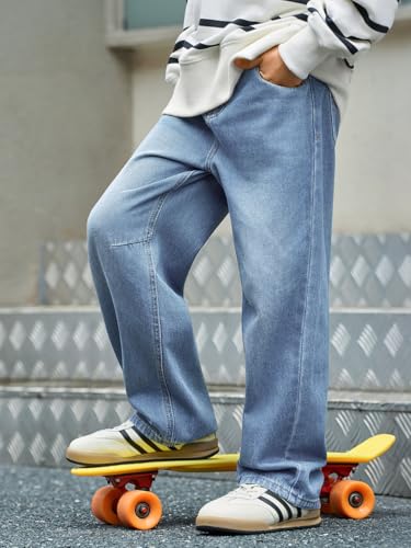 Haloumoning Boys Casual Straight Leg Baggy Jeans Kids Elastic Waist Loose Denim Pants with Pockets 5-14 Years3