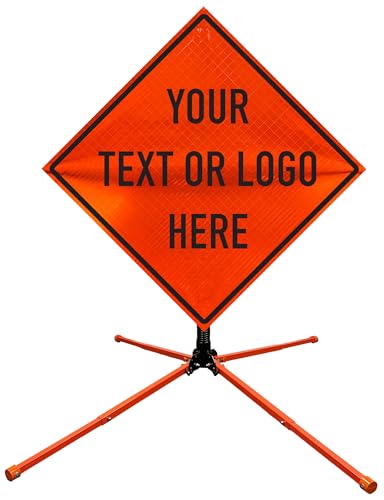 OrangeGear® 36" x 36" High Intensity Reflective Vinyl Rollup MUTCD Compliant Traffic Control Sign, Fiberglass Ribs & Steel Single Spring Sign Stand Kit (Custom)