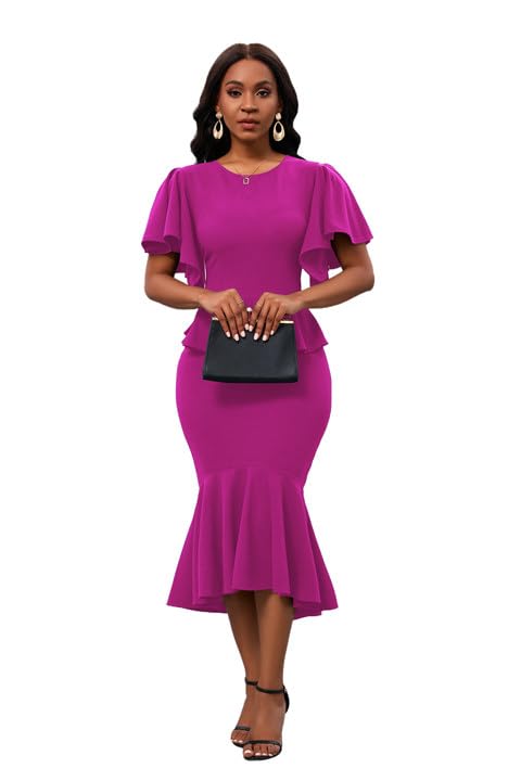 Image of Womens Summer Ruffle Short Sleeve Fishtail Dress Evening Cocktail Formal Peplum Midi Mermaid Dresses Elegant
