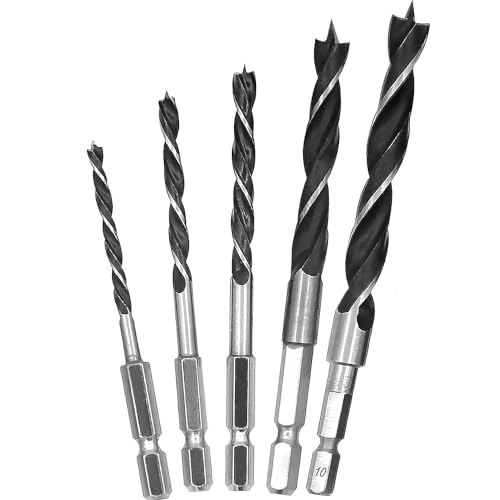 KEWAYO 5PCS Brad Point Drill Bit Set 4mm 5mm 6mm 8mm10mm 6.35mm Spur Point Stubby Woodworking Drill Bits