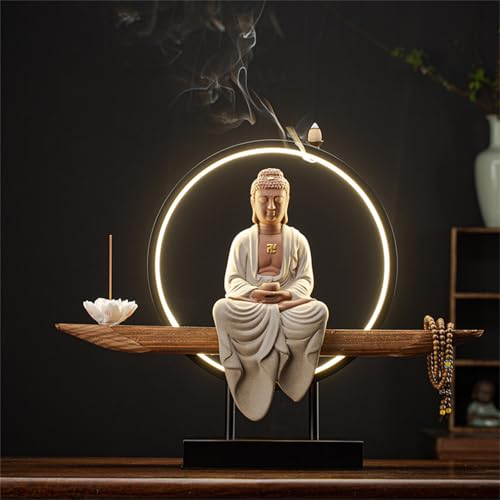 Statua buddista con bruciatore di incenso e lampada circolare a LED, decorazione da parete zen da parete, opera d'arte da appendere per soggiorno e illuminazione del portico