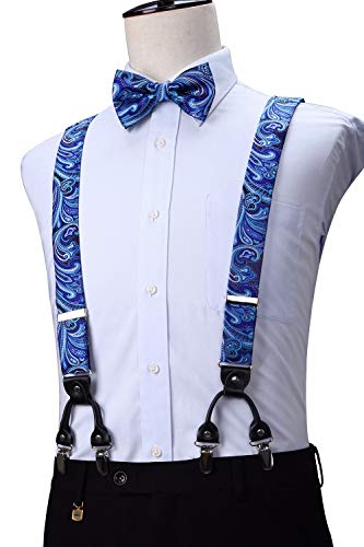 Image of HISDERN Suspenders for Men Paisley Floral Bow tie Suspender Pocket Square Sets Adjustable Y Shape 6 Clips Wedding Braces