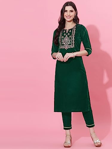 Image of SIRIL Women's Velvet Embroidery Straight Kurta Pant with Dupatta