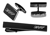 Personalized Gunmetal Cufflinks & Tie Clip Bar Set Custom Engraved Free - Ships From USA