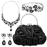 Paterr 4 Pcs Valentine's Day Flower Clutch Rhinestone Jewelry Set Rose Clutch Handbags with Detachable Strap Detachable Necklace Earrings Bracelets for Wedding Party Prom Valentine's Day Gift(Black)
