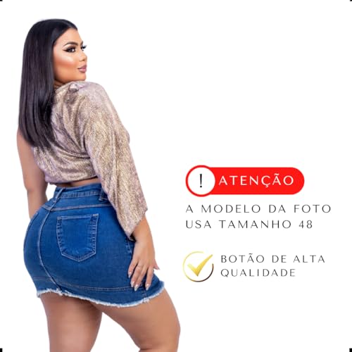 Saia Jeans Plus Size Feminina Cintura Alta Com Elastano Destroyed (44, Azul)