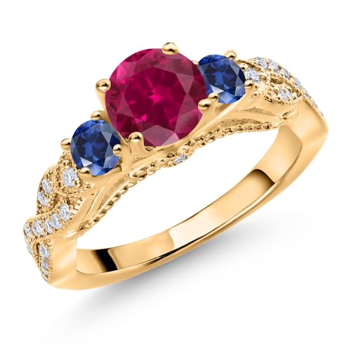 Gem Stone King 18K Yellow Gold Plated Silver Red Created Ruby Blue Created Sapphire and White Moissanite Engagement Ring For Women (1.55 Cttw, Gemstone July Birthstone, Round 6MM and 3MM)