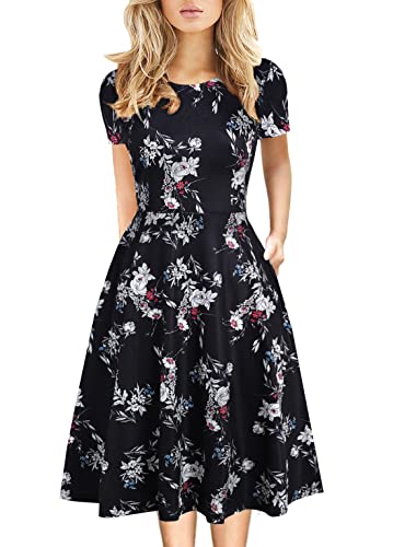Knee Length Dress for Women Petite Fall Vintage Floral Clothes Work Casual Wedding Guest Party Flower Print Dresses 162 Black White S