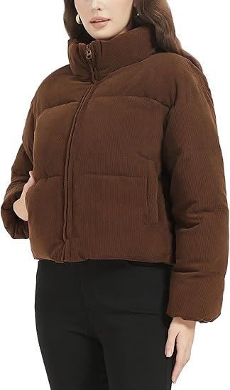 Image of Women's Corduroy Puffer Jacket, Cropped Zip-Up Winter Coat, Casual Outerwear