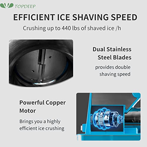 Topdeep Commercial Ice Crusher, 110V Electric Snow Cone Machine Etl Approved, 440Lbs/H Snow Cone Maker With Dual Blades, Stainless Steel Shaved Ice Machine Or Home And Commercial Use #TOP3