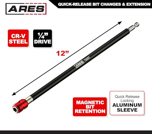 Image of ARES 70207 - Drill Extension Bit Holder - 12-Inch Quick Release - Works With All 1 /4-Inch Drive Bits - Quick Release Mechanism Makes Changing Bits a Breeze