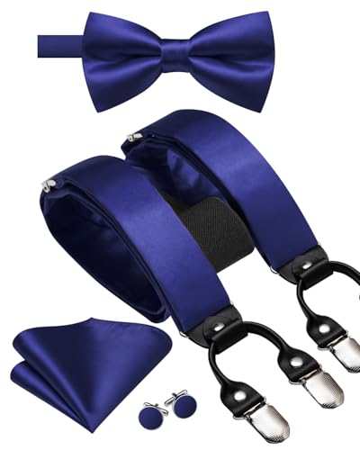 Image of Hi-Tie Men Suspender Bowtie Set Suspenders Pre-tied Bow Tie Pocket Square Cufflinks Adjustable Y Shape 6 Clips Braces Tuxedo