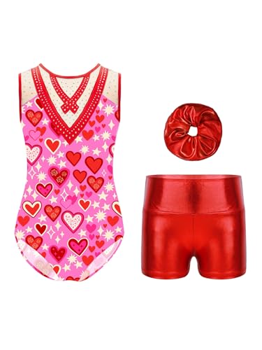 Eandarui Juego de gimnasia para niños y niñas, con brillantes brillantes, body metálico con purpurina, pantalones cortos para el pelo, traje de competición, rojo, 134-140