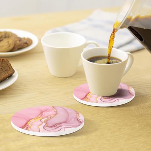 Image of Pink Coasters Set of 6, Absorbent with Gold Holder, Wood Drinks with Cork Backing, Drink Coasters for Table Home Kitchen Housewarming Gift