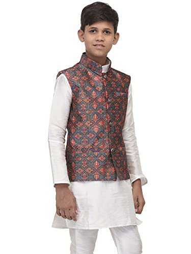 Image of Benstoke Boys Silk Blend Dark Green & Orange Printed Nehru Jacket