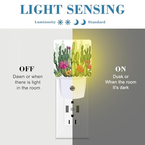 Image of Green Succulents and Cactus Plants Night Light Plug into Wall with Dusk to Dawn Sensor Cute Nightlight for Kid Girls Boys Women Men Room Decor, Hallway, Kitchen, Bathroom, Nursery, Stairs