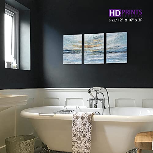 Abstract Canvas Wall Art For Bedroom 3 Piece Ocean Painting Coastal Theme Artwork Blue And Gold Sunset & Sunrise On The Beach Seascape Picture For Bathroom Living Room Light 12X16Inchx3 Panel #TOP5