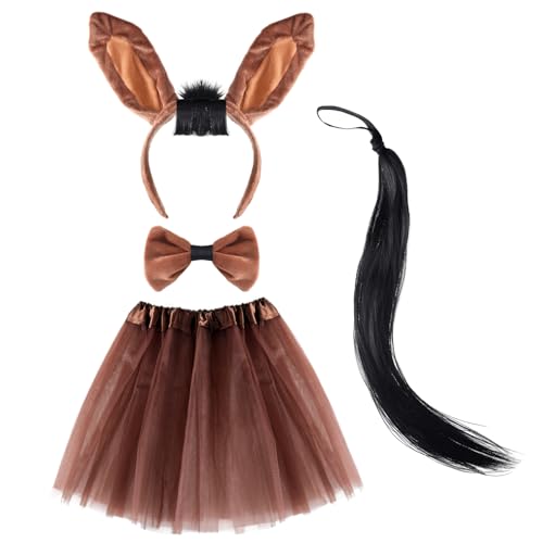 XLSXEXCL 4 Pieces Horse Animal Costume Horse Ears Headband Bow Tie with Tail Tutu for Women Halloween Christmas Carnival Cosplay Party Animal Suit