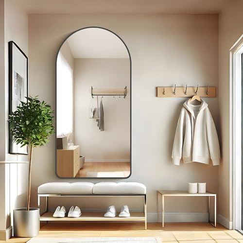 Image of FORBATH Large Arched Wall Mirror 60x30 Inch, Black Arched Full Length Mirror with Aluminum Frame for Bedroom, Fireplace,Entryway,Living Room,Home Decor,Hanging or Leaning Against Wall