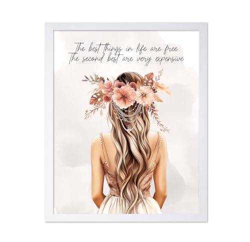 Image of Poster Master The Best Thing In Life Are Free Poster - Fashion Print - Trendy Art - Flower Art - Gift for Women & Fashionista - Funny Glamour Decor for Bedroom or Girl's Room, 16x20 White Framed