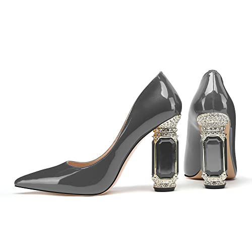 Image of JANSEVEN Women Chunky Heels Pumps Crystal Block Heels with Rhinestones Pointed Toe Sexy Gradient Patent Leather Slip on Bridal Party Wedding Dress Shoes 5-13 M US