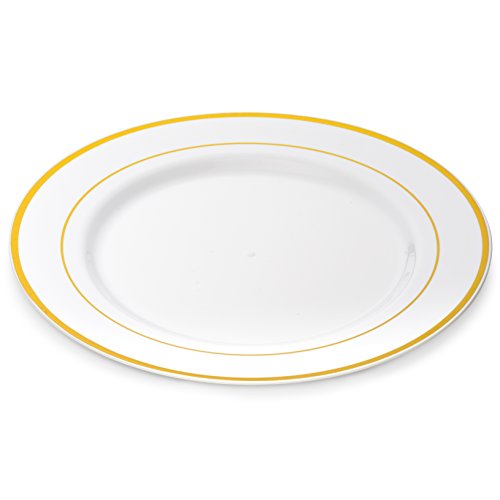 Laura Stein Designer Dinnerware Set Of 40 Premium Plastic Wedding/Party Plates: White, Gold Rim. Set Includes 20 10.75" Dinner Plates & 20 7.5” Salad Plates | Classic Series #TOP6