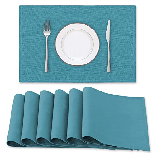 H.VERSAILTEX Linen Placemats Set of 6 Premium Solid Table Mats for Dining Table Spill-Proof Waterproof Heat-Resistant Kitchen Mats Washable, 12x18 inches, Teal
