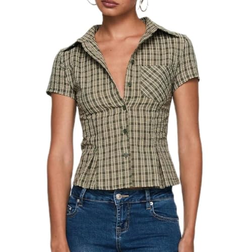 Women Y2K Gingham Button Down Shirts Preppy Short Sleeve Slim Fit Blouse Ruched Coquette Tops Streetwear P 66538807