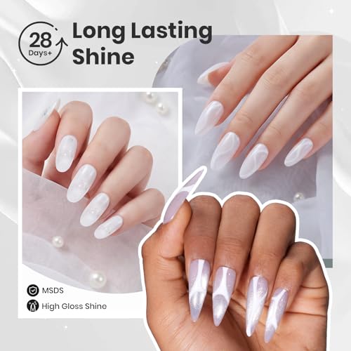 Image of Beetles White Gel Nail Polish Set, Milky White Silver Glitter Pearl Cat Eye | Neutral Nude Shades, Soak Off UV LED Winter Manicure Kit with Magnet, 7.5 ml Each